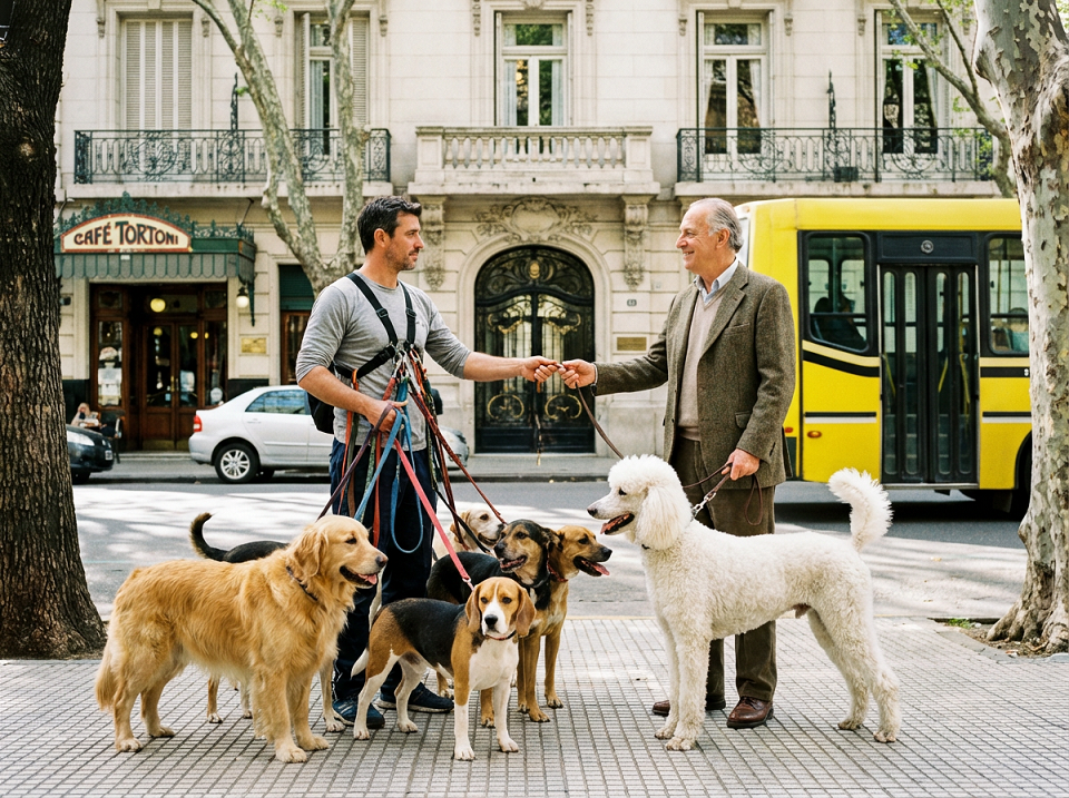 Un paseador canino profesional, con varios perros, le entrega un perro a su tutor