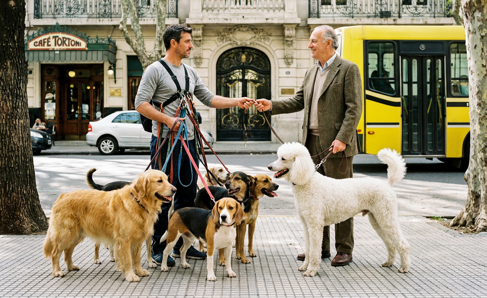 Un paseador canino profesional, con varios perros, le entrega un perro a su tutor