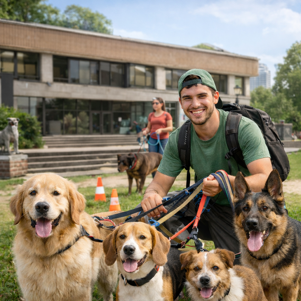Hombre y perros en el parque